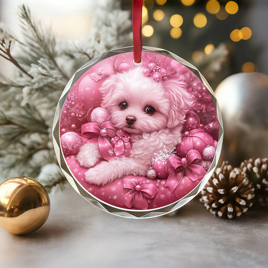 Bichon Frise Dog Pink Christmas Design 3 Glass Ornament