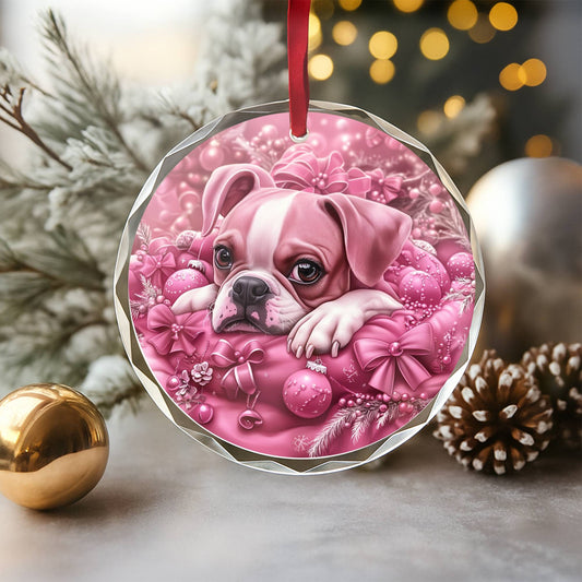 Boxer Dog Pink Christmas Design 1 Glass Ornament