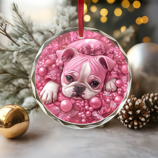Bulldog Pink Christmas Design 2 Glass Ornament