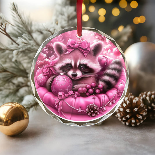 Racoon Pink Christmas Design 2 Glass Ornament