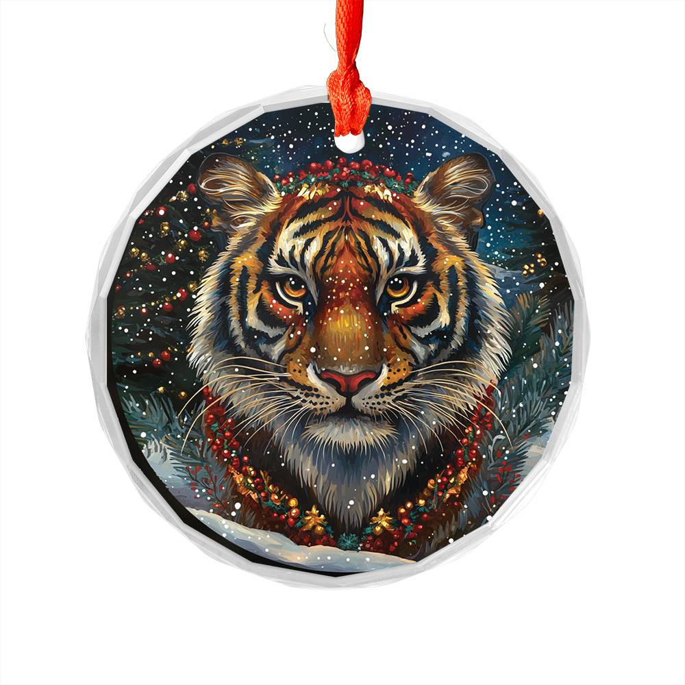 Beautiful Tiger Christmas Night Design 3 Glass Ornament