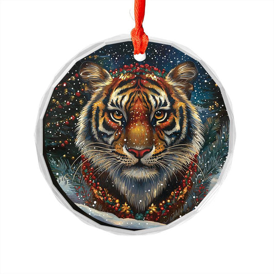 Beautiful Tiger Christmas Night Design 3 Glass Ornament
