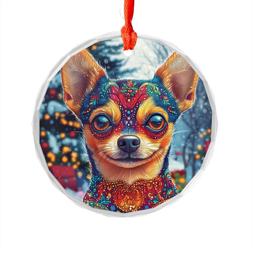 Beautiful Chihuahua Dog Christmas Night Design 4 Glass Ornament