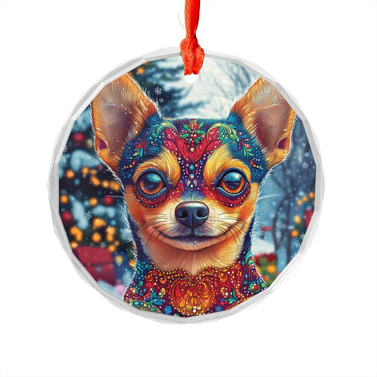 Beautiful Chihuahua Dog Christmas Night Design 4 Glass Ornament