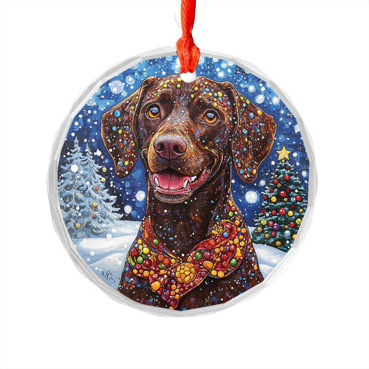 Beautiful Angus German Shorthaired Pointer Dog Christmas Night Design 2 Glass Ornament