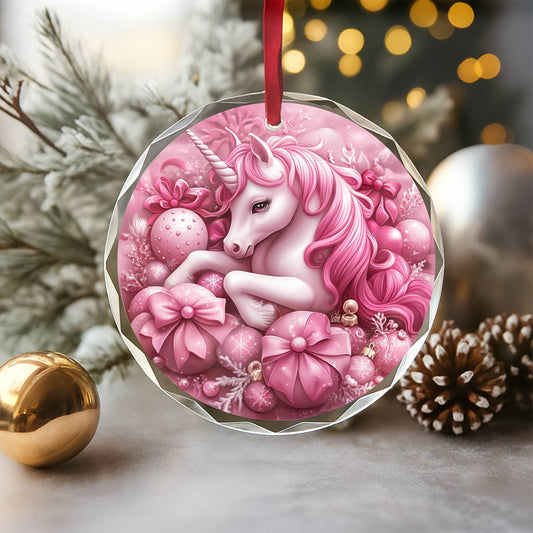 Unicorn Pink Christmas Design 1 Glass Ornament