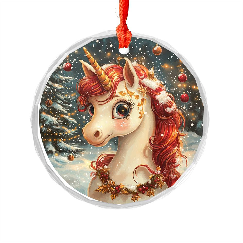 Beautiful Angus Unicorn Christmas Night Design 2 Glass Ornament