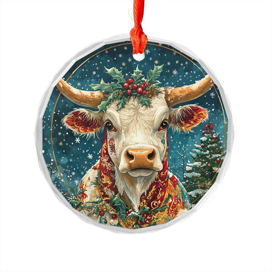 Beautiful Longhorn Cow Christmas Night Design 4 Glass Ornament