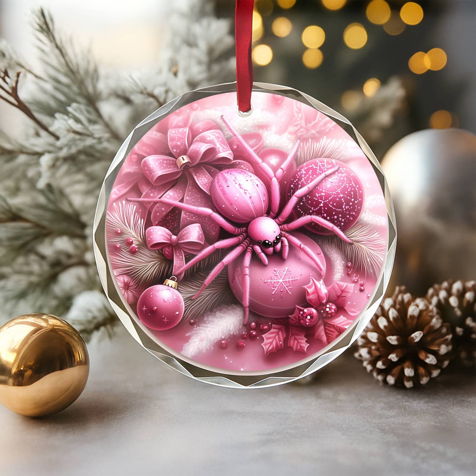 Spider Pink Christmas Design 4 Glass Ornament