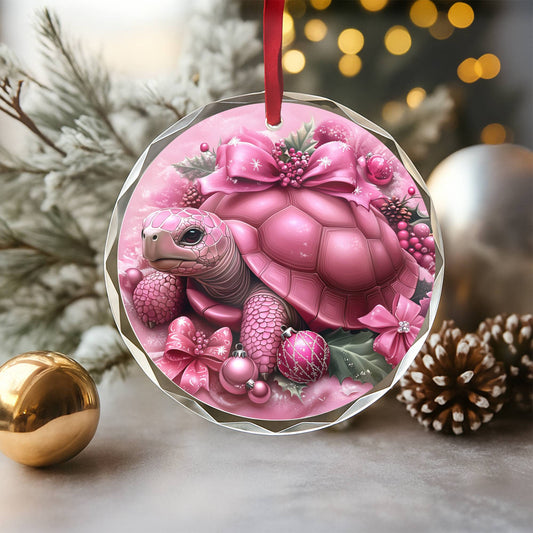 Tortoise Pink Christmas Design 2 Glass Ornament
