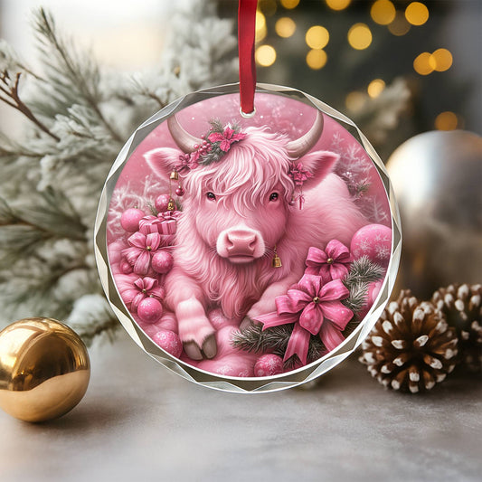 Highland Cow Pink Christmas Design 4 Glass Ornament
