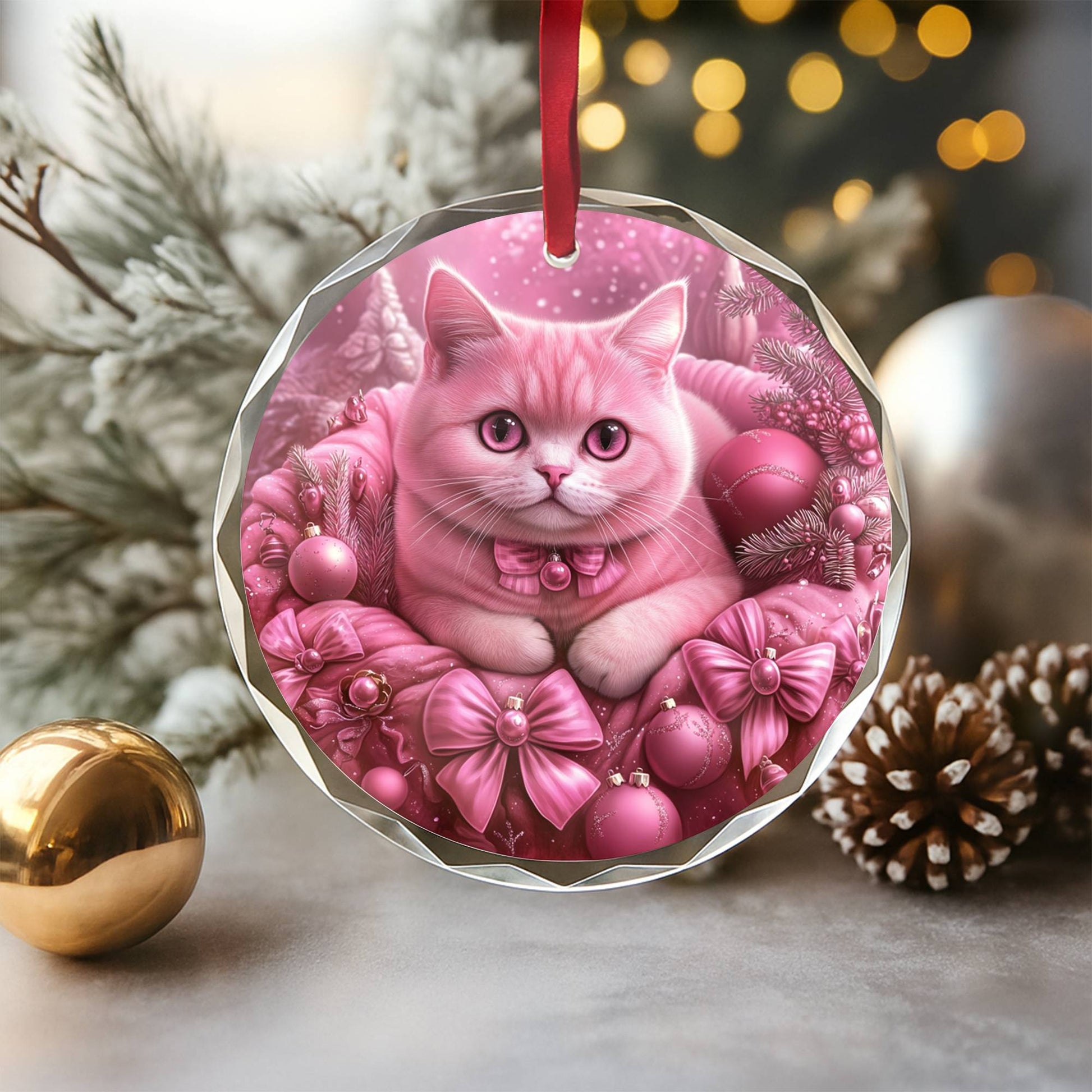 British Shorthair Cat Pink Christmas Design 1 Glass Ornament