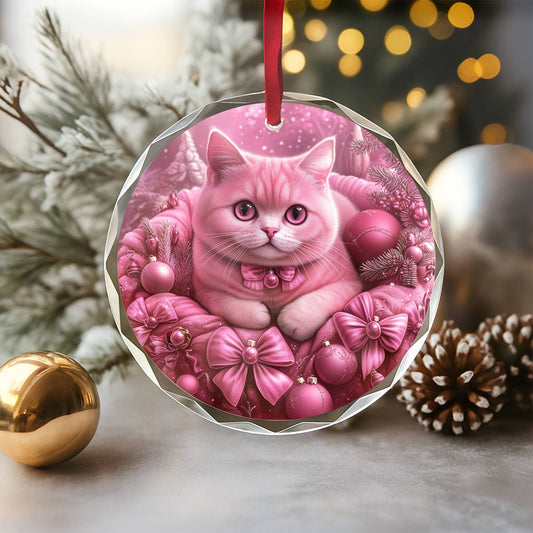 British Shorthair Cat Pink Christmas Design 1 Glass Ornament