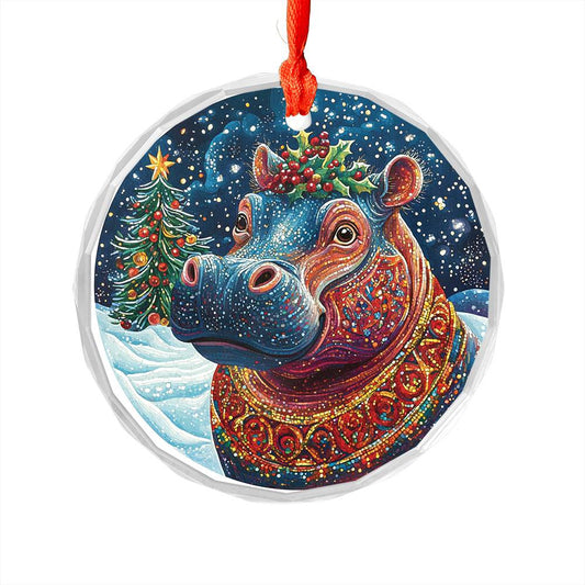 Beautiful Hippo Christmas Night Design 3 Glass Ornament