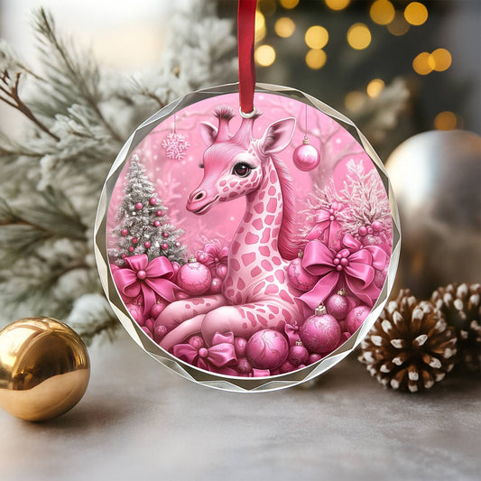 Giraffe Pink Christmas Design 1 Glass Ornament