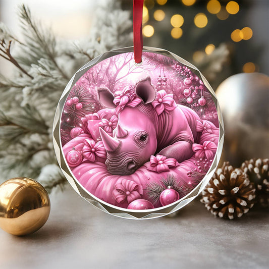 Rhino Pink Christmas Design 1 Glass Ornament