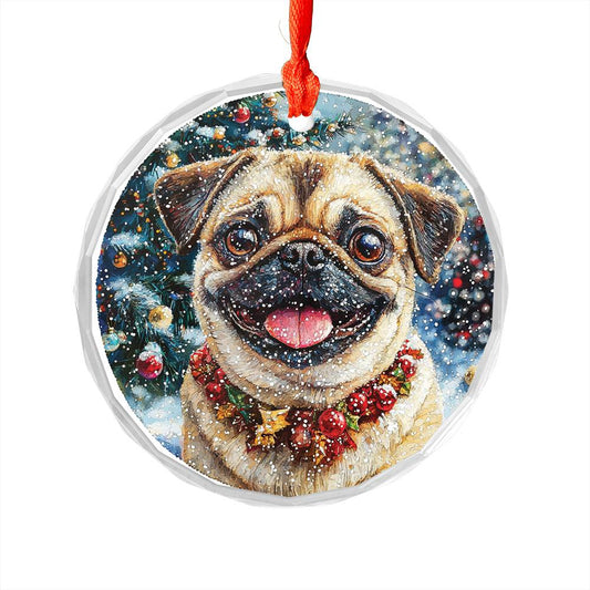 Beautiful Pug Dog Christmas Night Design 4 Glass Ornament