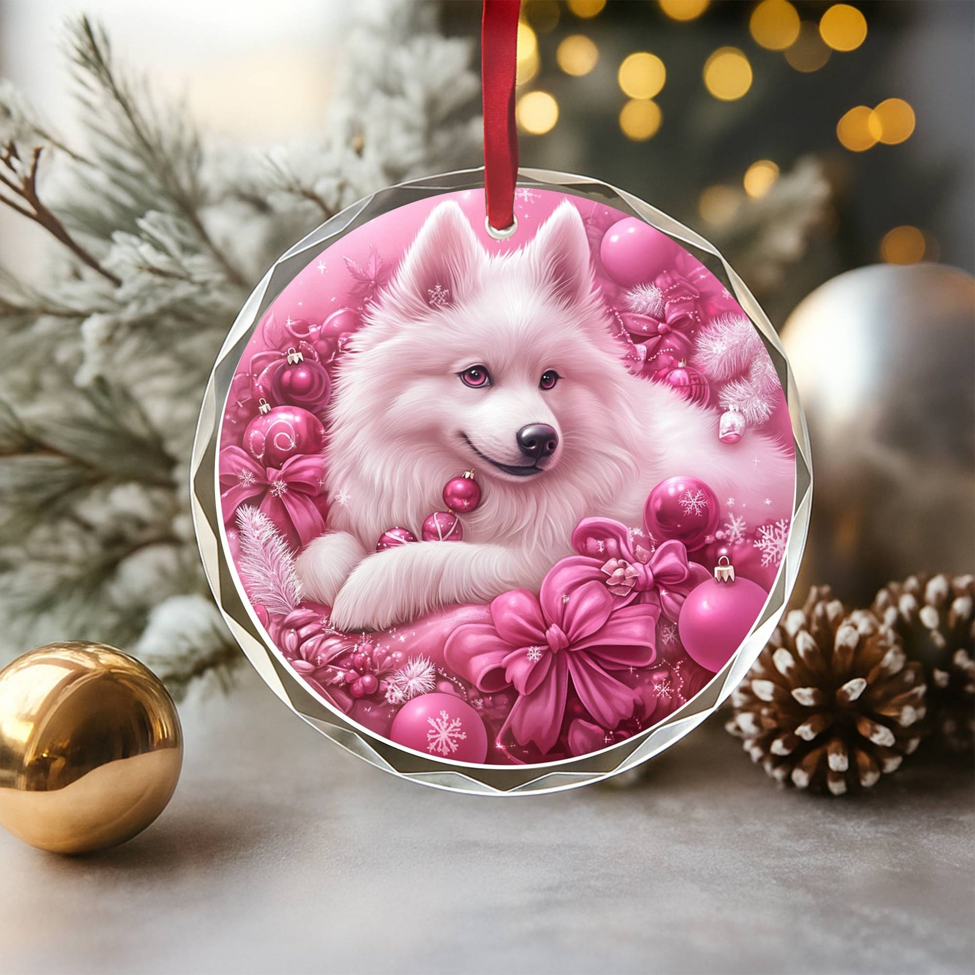 Samoyed Dog Pink Christmas Design 1 Glass Ornament