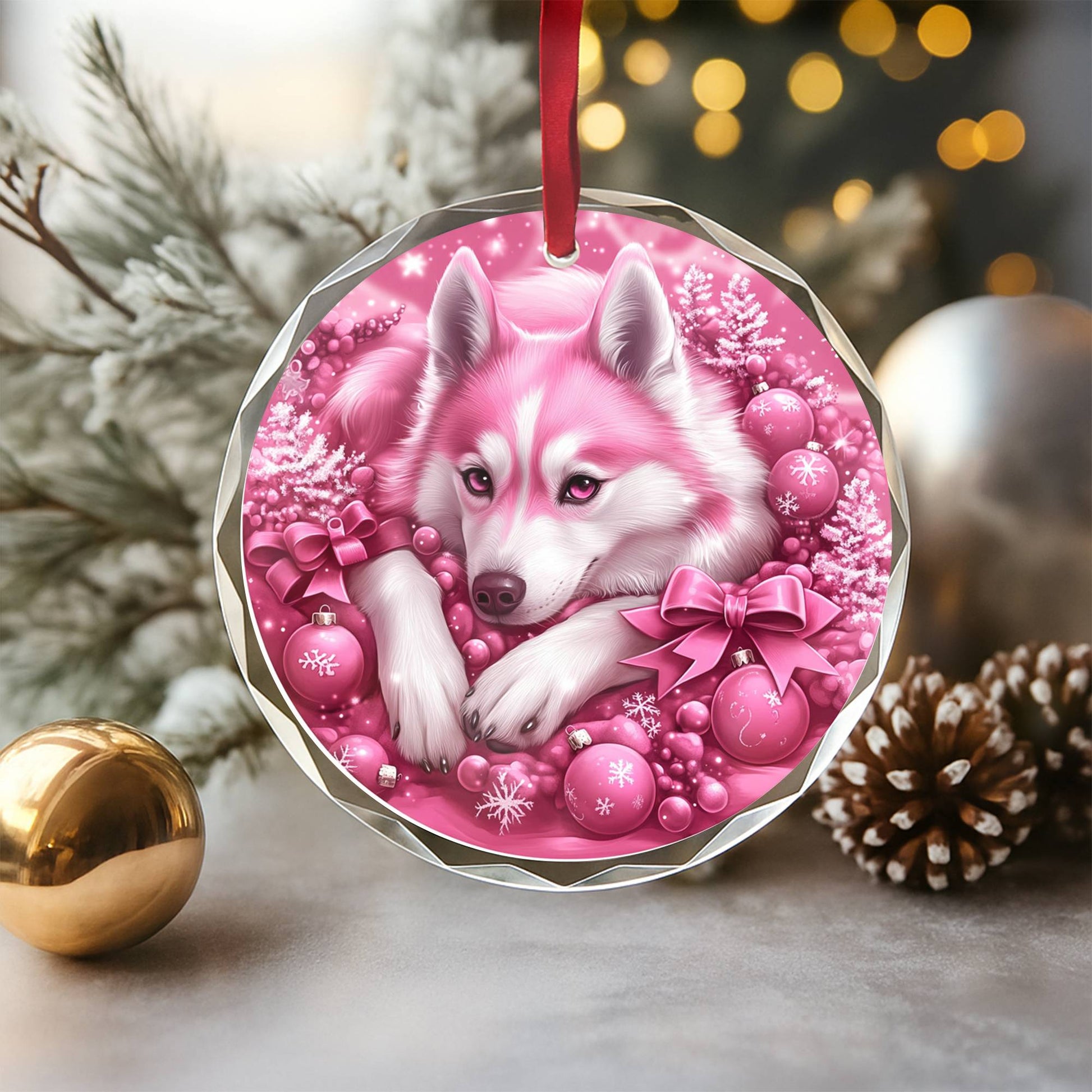 Siberian Huskie Dog Pink Christmas Design 1 Glass Ornament