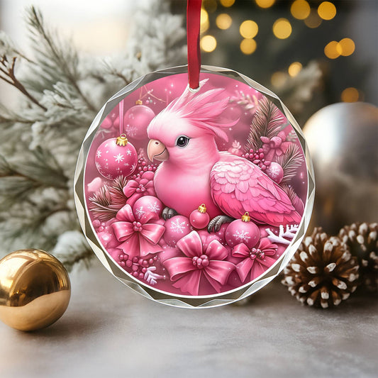 Parrot Pink Christmas Design 4 Glass Ornament