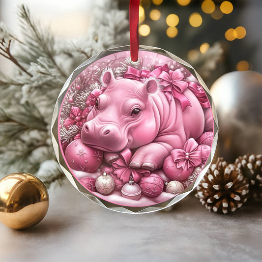Hippo Pink Christmas Design 1 Glass Ornament