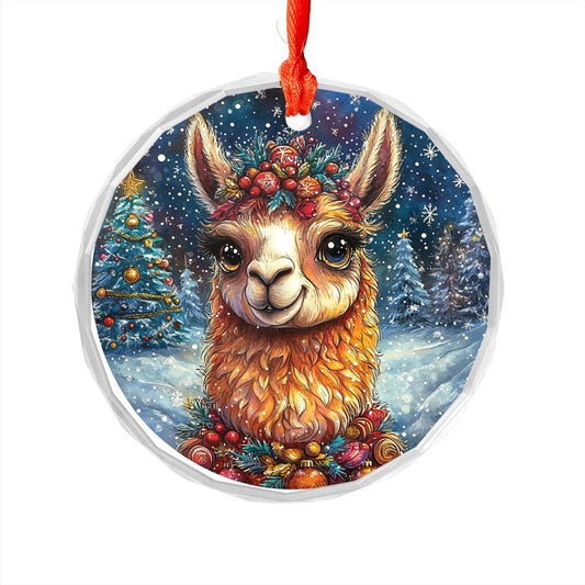 Beautiful Llama Christmas Night Design 3 Glass Ornament