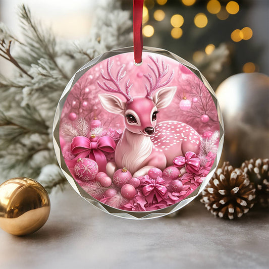 Deer Pink Christmas Design 2 Glass Ornament