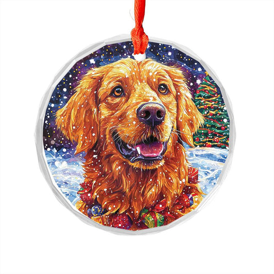 Beautiful Golden Retriever Dog Christmas Night Design 4 Glass Ornament