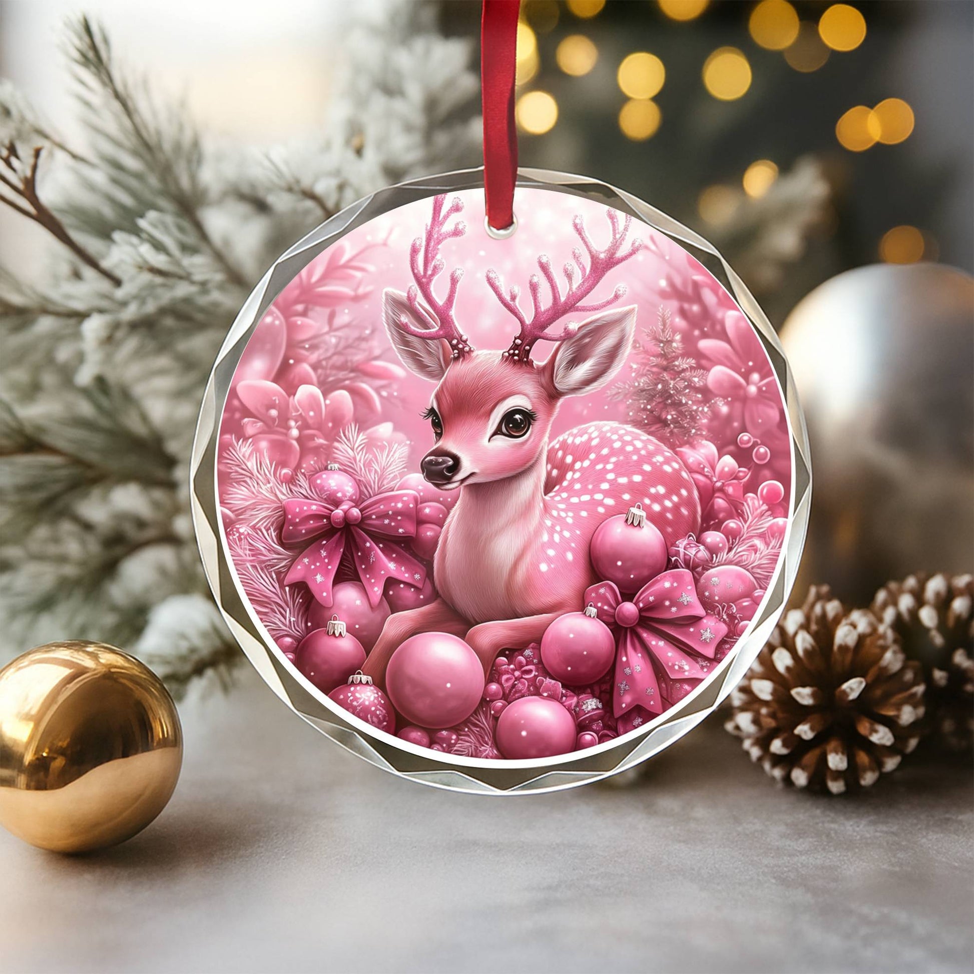 Deer Pink Christmas Design 3 Glass Ornament