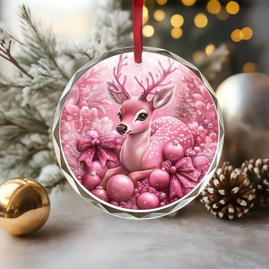 Deer Pink Christmas Design 3 Glass Ornament