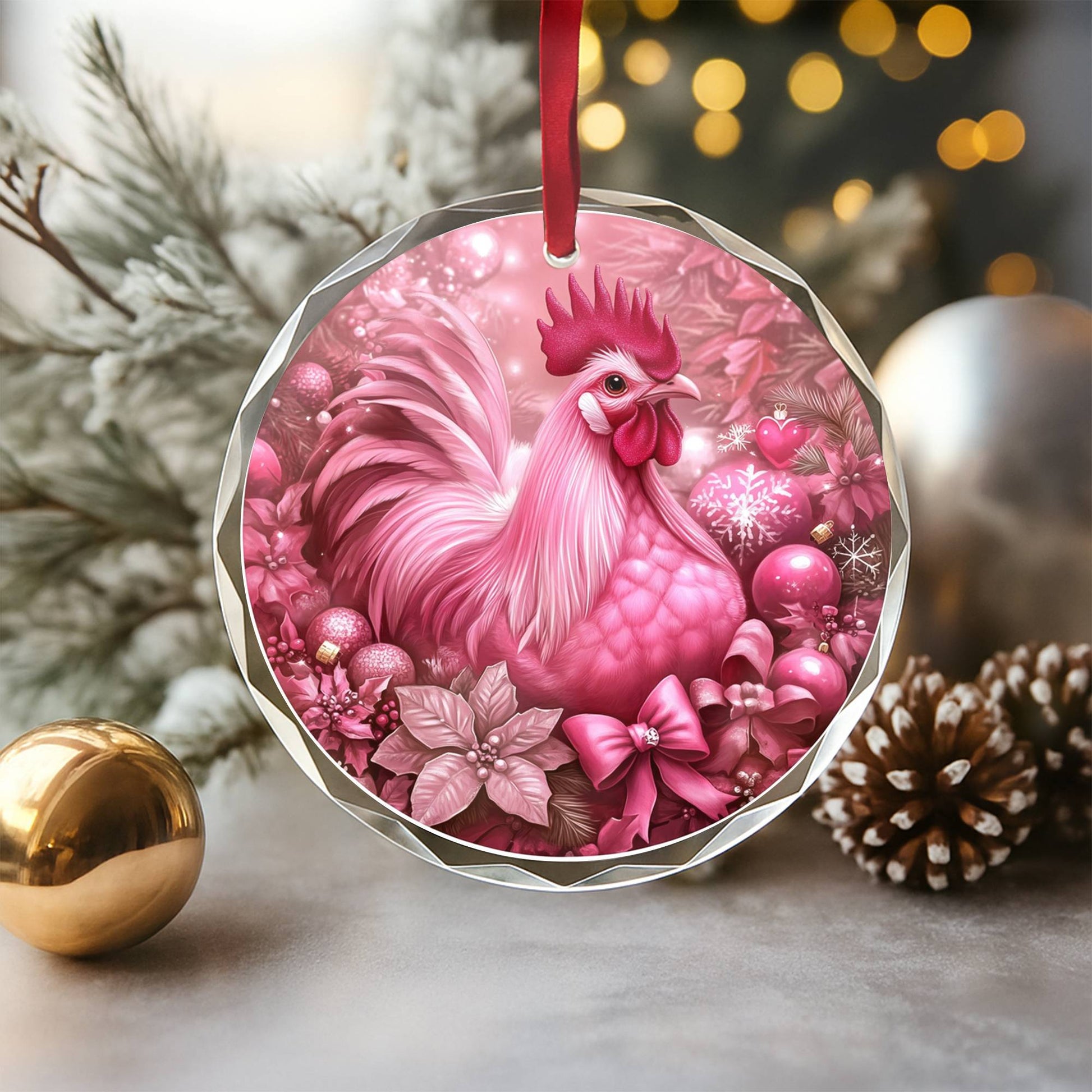 Rooster Pink Christmas Design 2 Glass Ornament