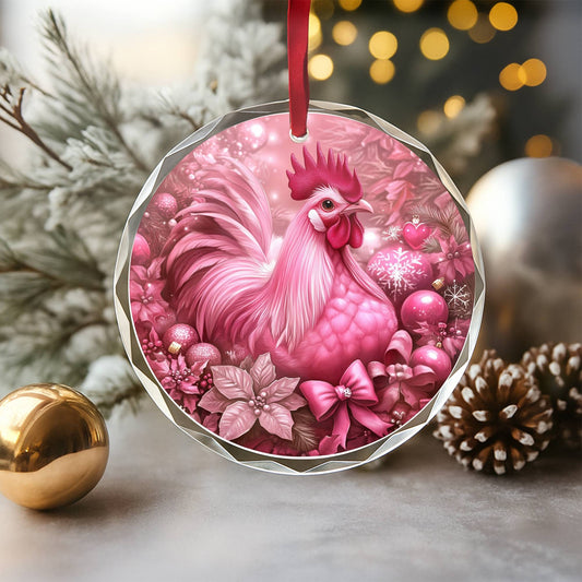 Rooster Pink Christmas Design 2 Glass Ornament