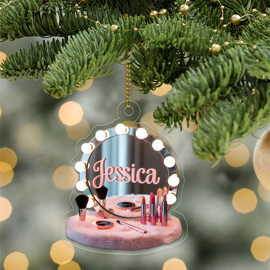 Personalized Makeup Table With Mirror Ornament, Christmas Decor, Beauty Ornaments, Makeup Artist Ornament, Xmas Makeup Gifts