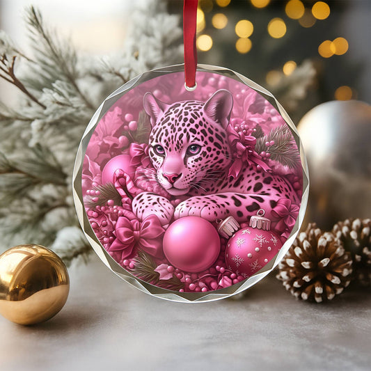 Jaguar Pink Christmas Design 1 Glass Ornament