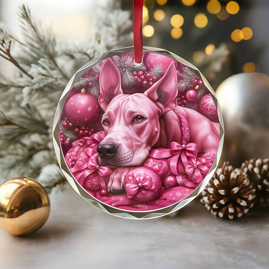 Great Dane Dog Pink Christmas Design 1 Glass Ornament