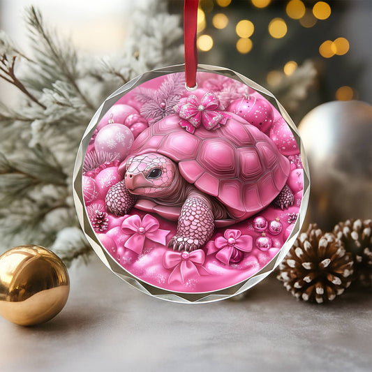 Tortoise Pink Christmas Design 3 Glass Ornament