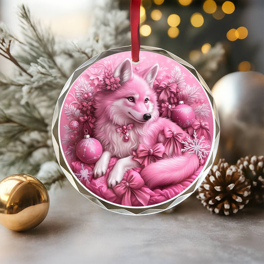 Wolf Pink Christmas Design 1 Glass Ornament