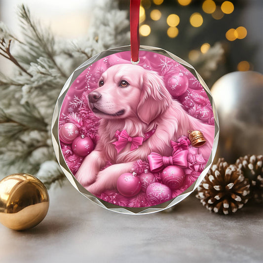 Golden Retriever Dog Pink Christmas Design 3 Glass Ornament