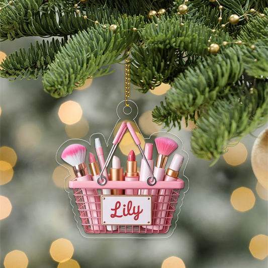 Personalized Makeup Basket Ornament, Christmas Decor, Beauty Ornaments, Makeup Artist Ornament, Xmas Makeup Gifts