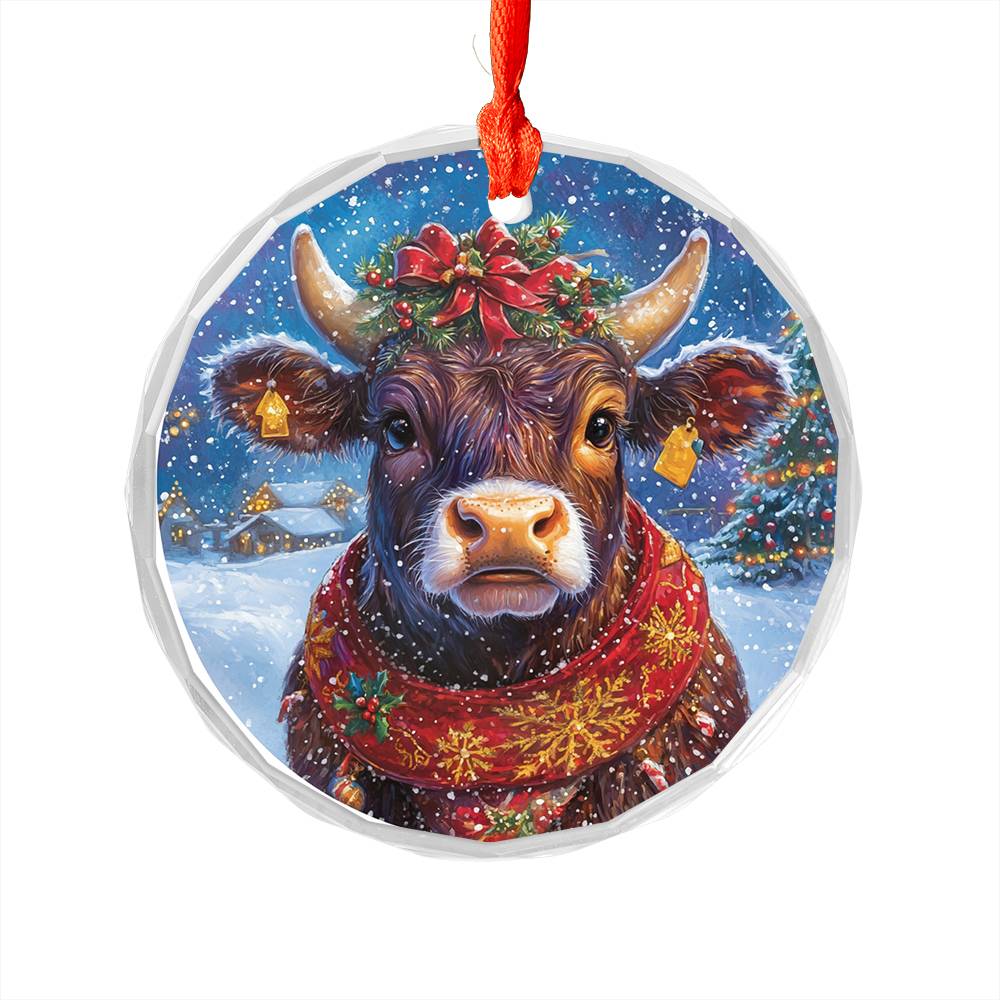 Beautiful Angus Cow Christmas Night Design 4 Glass Ornament