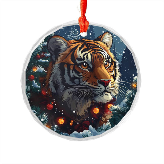 Beautiful Tiger Christmas Night Design 2 Glass Ornament