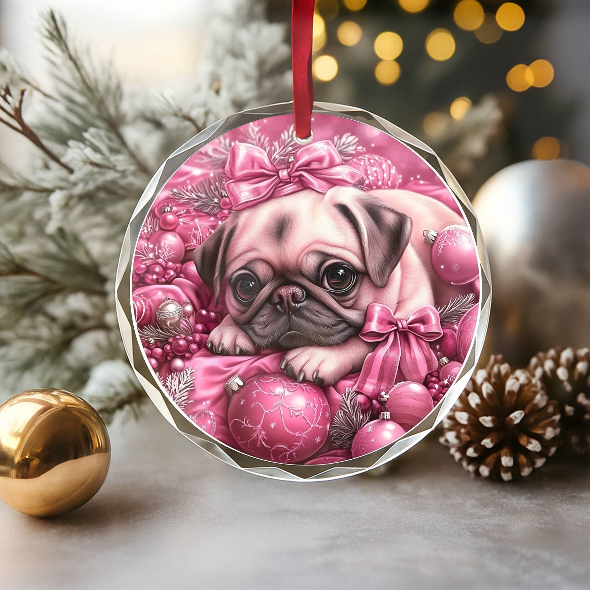 Pug Dog Pink Christmas Design 2 Glass Ornament