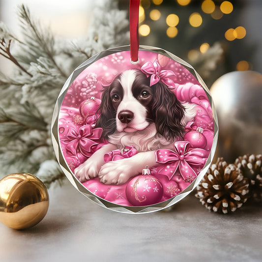English Springer Spaniel Dog Pink Christmas Design 2 Glass Ornament