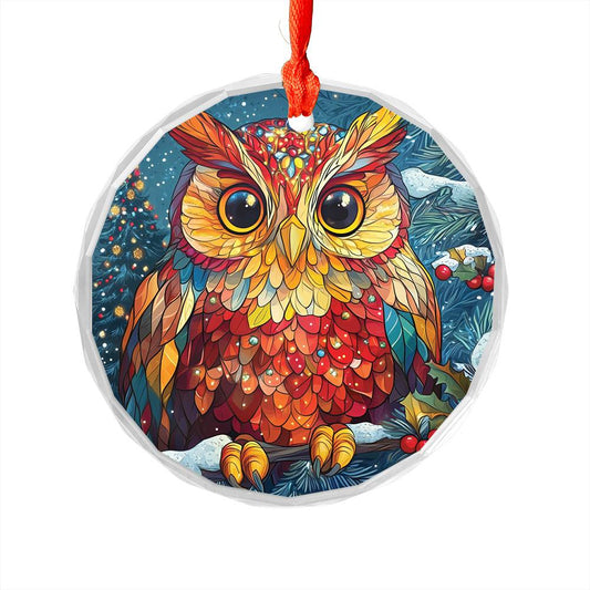 Beautiful Owl Christmas Night Design 2 Glass Ornament