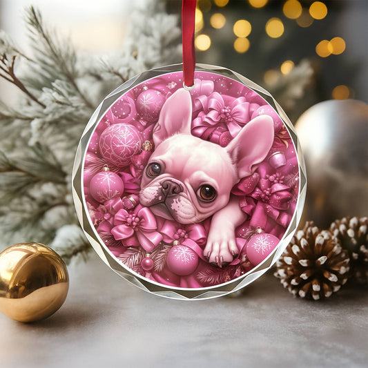 French Bulldog Pink Christmas Design 3 Glass Ornament