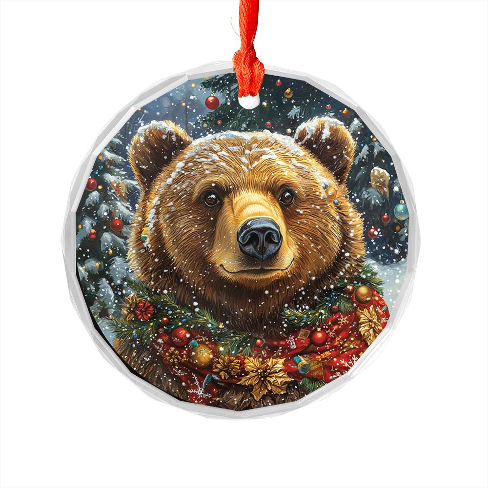 Beautiful Angus Grizzly Bear Christmas Night Design 1 Glass Ornament
