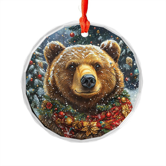 Beautiful Angus Grizzly Bear Christmas Night Design 1 Glass Ornament