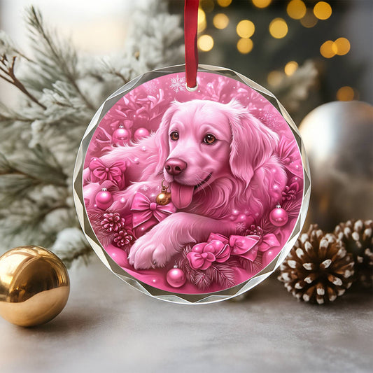Golden Retriever Dog Pink Christmas Design 2 Glass Ornament