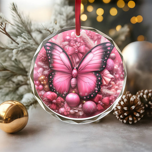 Butterfly Pink Christmas Design 1 Glass Ornament