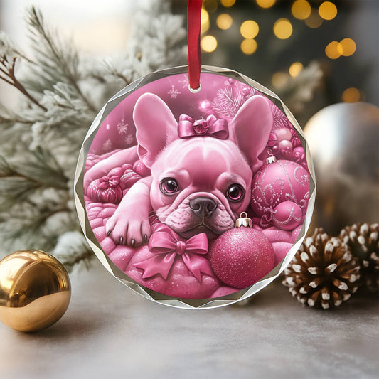 French Bulldog Pink Christmas Design 1 Glass Ornament